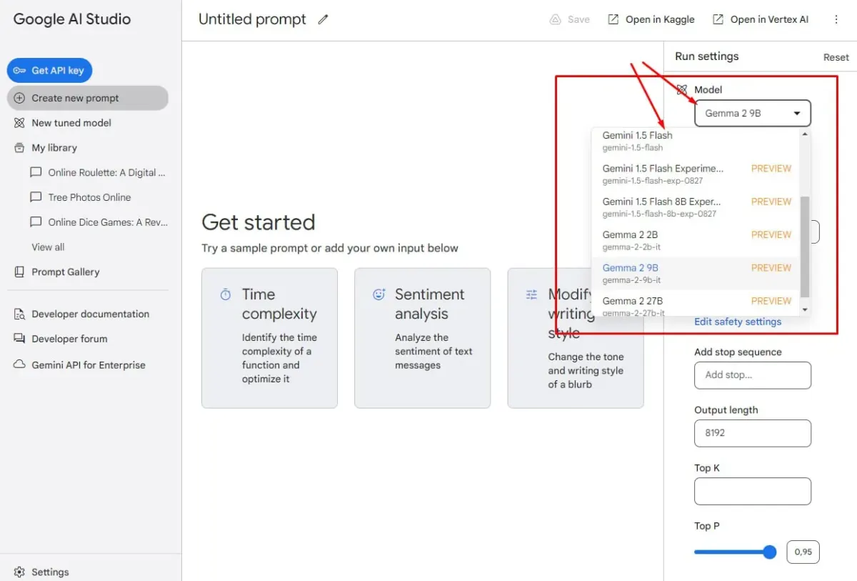 Screenshot of Google AI Studio showing Gemini 1.5 Flash and Gemma models with prompt and settings panel Screenshot of Google AI Studio showing Gemini 1.5 Flash and Gemma models with prompt and settings panel