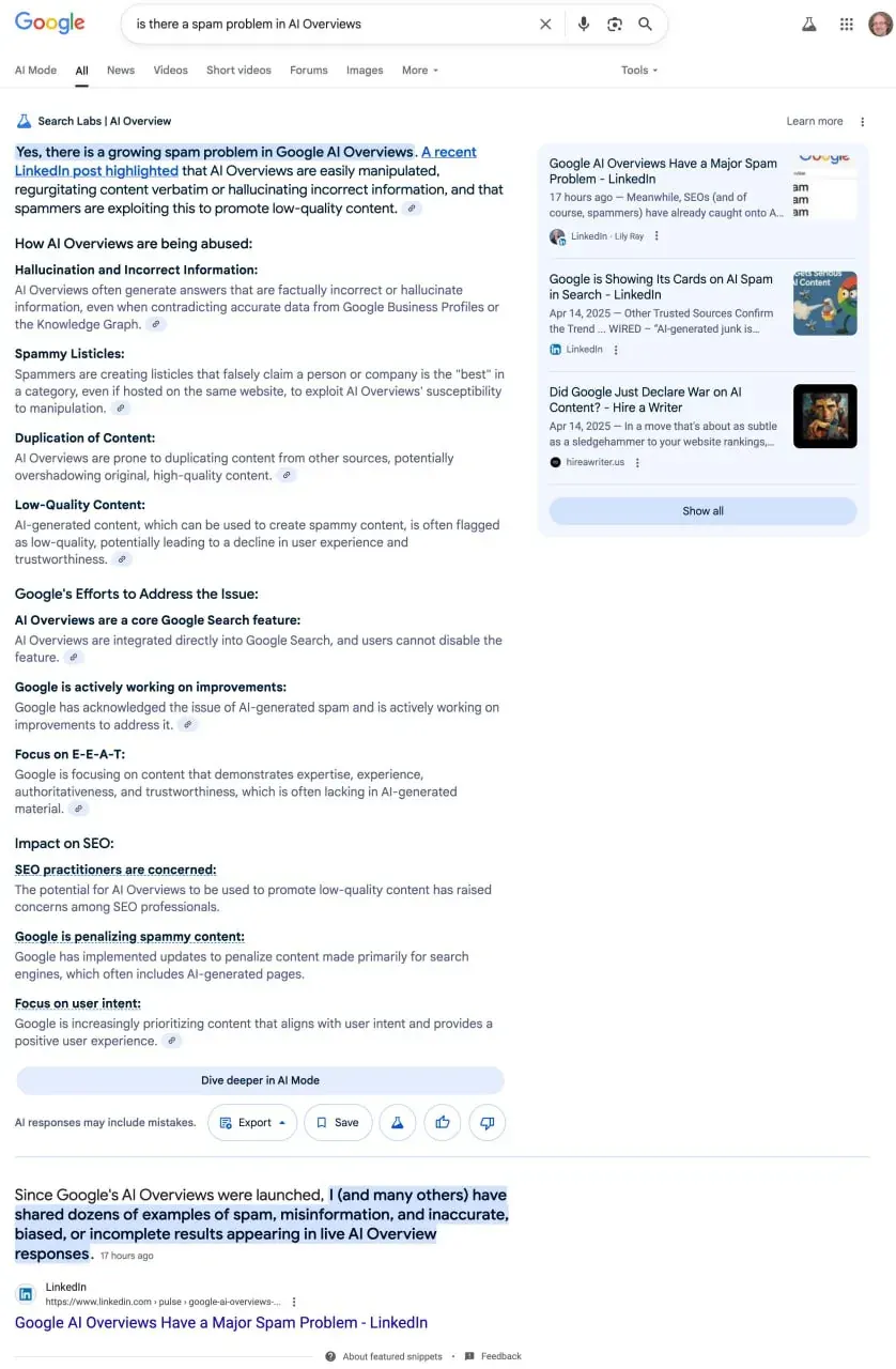 Google Search AI Overview for a query about spam in AI Overviews, relevant to answer engine readiness checks Google Search AI Overview for a query about spam in AI Overviews, relevant to answer engine readiness checks