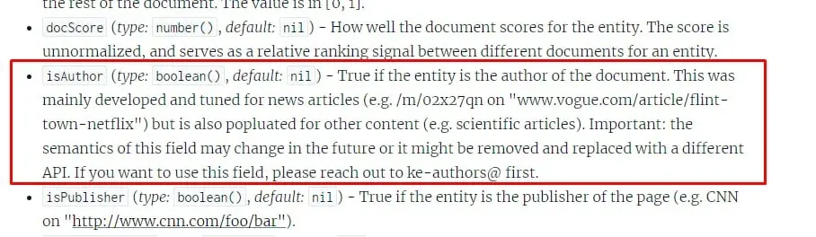 Document excerpt listing docScore, isAuthor, and isPublisher fields relevant to AI citation readiness signals Document excerpt listing docScore, isAuthor, and isPublisher fields relevant to AI citation readiness signals