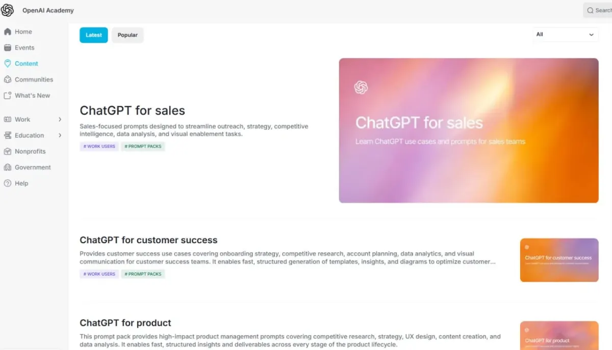 Screenshot of an OpenAI Academy webpage with navigation links and content sections