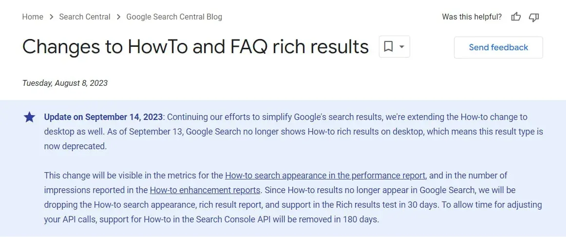 Screenshot of a Google Search Central blog article about changes to HowTo and FAQ rich results