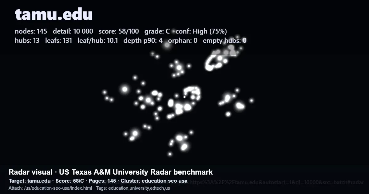 Radar benchmark screenshot showing SEO score and crawl metrics for tamu.edu