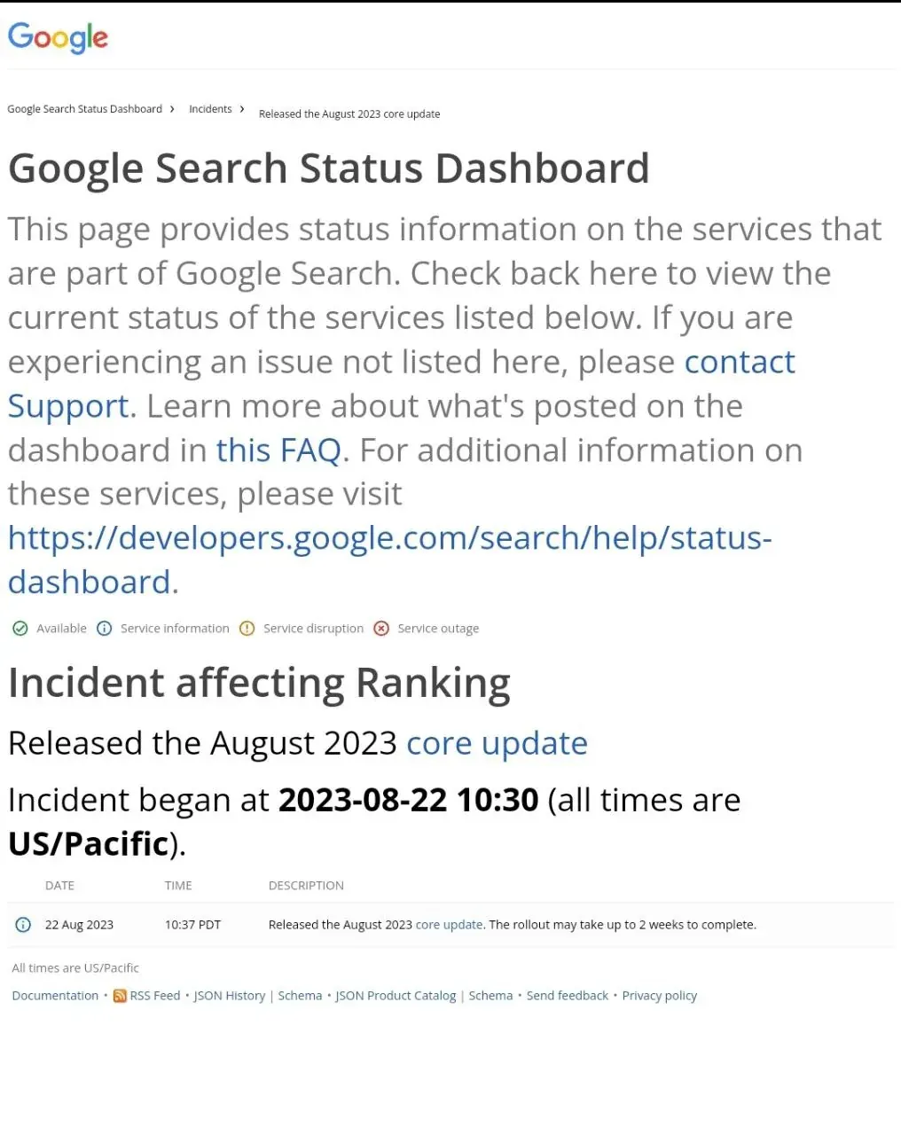 Google Search Status Dashboard showing an incident about the August 2023 core update affecting ranking